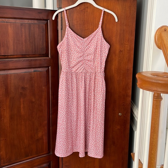 NWT Midi Polka Dot Adjustable Strap Ruched Front Dress - Picture 5 of 14